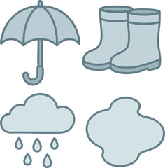 Rainy day icons umbrella boots clouds and drops
