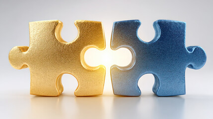 Fototapeta premium Golden and blue puzzle pieces connecting together, symbolizing partnership, unity, and collaborative problem solving in a creative context