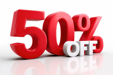 Bold 50 percent off discount sign in vibrant red and white colors, designed to attract attention and promote sales effectively in retail environments