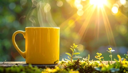 Sunny morning coffee.  A vibrant yellow mug, steaming hot, sits on a wooden surface amidst greenery, bathed in golden sunlight