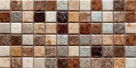Mosaic Tiles: A close-up shot of a beautifully patterned mosaic tile, showing various earth-toned square tiles arranged seamlessly to create a visually captivating design. 