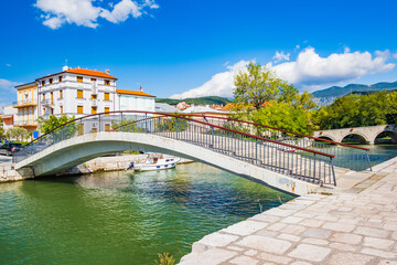 Panoramic landscape with bridge over canal in town of Crikvenica, Croatia 