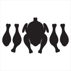 This image is a minimalist, black and white silhouette illustration. It features a whole chicken in the center, with four chicken legs flanking it on either side. The overall impression is of a raw ch