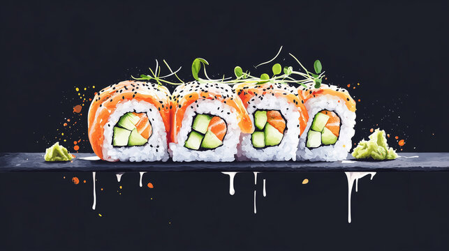 A stylized, vibrant image of four fresh sushi rolls with salmon and cucumber, topped with sesame seeds and microgreens, with wasabi on a dark, artistic background. - Powered by Adobe