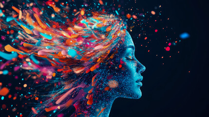 Ethereal blue profile of serene woman, emanating dazzling eruption of vibrant, iridescent fluid streaks and sparkling particles, vividly capturing essence of inspired and imaginative mind bursting wit
