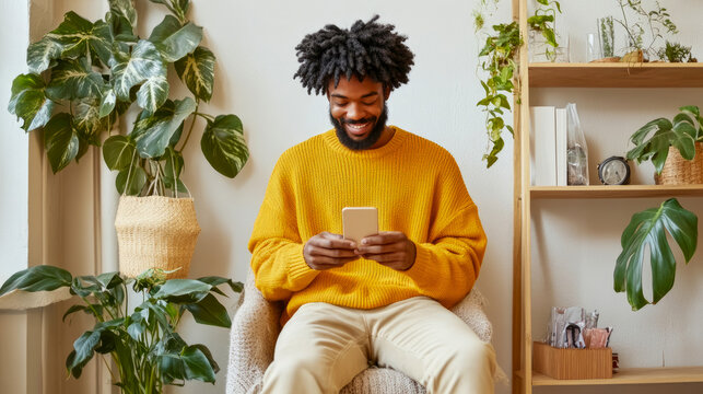 Happy young Black man with dreadlocks smiling and looking at his smartphone in cozy, plant-filled home, enjoying moment of connection and relaxation