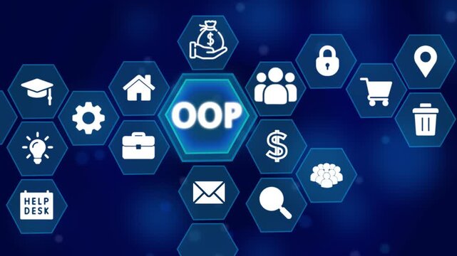 Object Oriented Programming Concept Infographic with Icons and Red Glowing Lines on Dark Background software