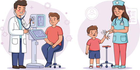 Doctor and nurse examining child patient, pediatric checkup and vaccination in modern hospital clinic, healthcare and medical care concept vector illustration