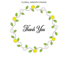 Charming floral wreath frame with yellow and white flowers, green leaves, and delicate brown vines. Perfect spring or nature-themed border.