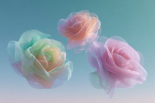 Three pastel-hued fabric roses, seemingly weightless, float against a soft, gradient blue-green background.  Their translucent petals show subtle color variations