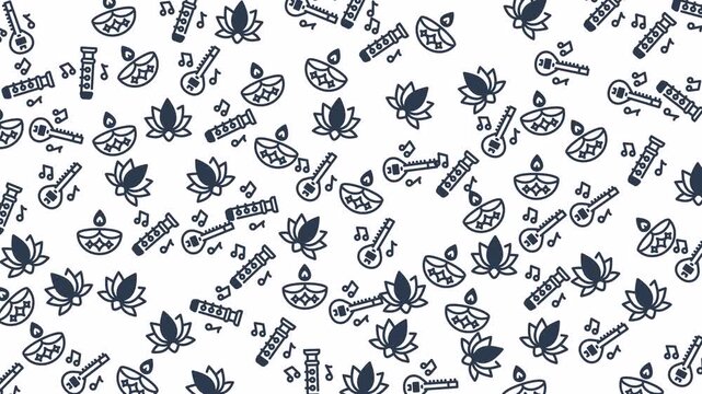 Looping seamless animation of Diwali festival elements including diya lamps, lotus flowers, sitar, flute, and music notes. Perfect for festive backgrounds, greeting videos, and traditional Indian cele