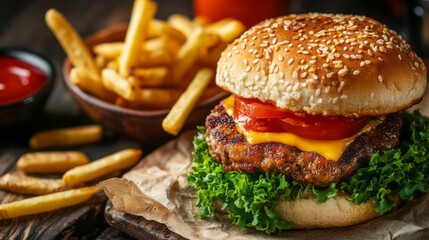 Enjoy a tasty burger topped with fresh lettuce, juicy tomatoes, and melted cheese, paired with crispy golden fries. Its the perfect quick meal for lunch or dinner any day ensuring satisfaction anytime