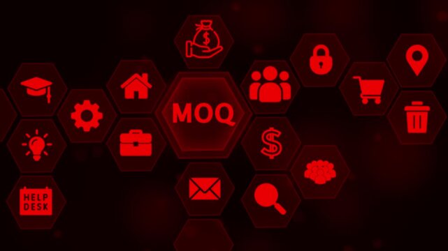 Minimum Order Quantity MOQ concept with interconnected icons on a dark red background business commerce