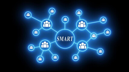 Smart network connection people icons glowing blue neon lines connecting groups of figures on black background concept of teamwork collaboration digital technology - Powered by Adobe