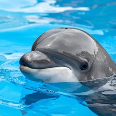 Close-up of a dolphin's head above water.  The dolphin's head is gray, with a light-colored underside and dark eyes. It has a smooth, wet surface.  A vibrant blue pool surrounds the animal