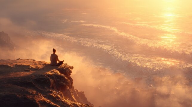 Find inner peace with yoga and meditation overlooking the stunning ocean waves at sunrise, perfect for mindful living and wellness brands