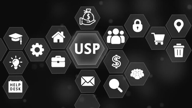USP unique selling proposition digital marketing concept with icons for strategy growth and success on dark background