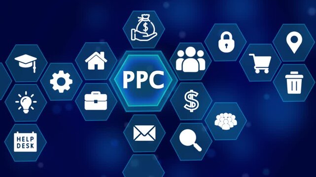 Digital Marketing Strategy PC Concept with Icons and Glowing Blue Lines on Black Background pay per click