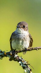Obraz premium A small bird perched on a branch, facing forward