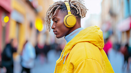 Dynamic profile of fashionable young Black man with blonde dreadlocks, deeply immersed in music with bright yellow headphones and jacket amidst lively blurred urban backdrop