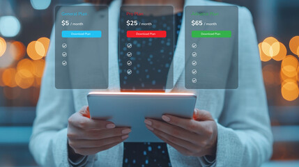 Confident corporate woman using smart tablet pricing plan interface overlay subscription options bokeh city lights business technology modern office professional focus night scene