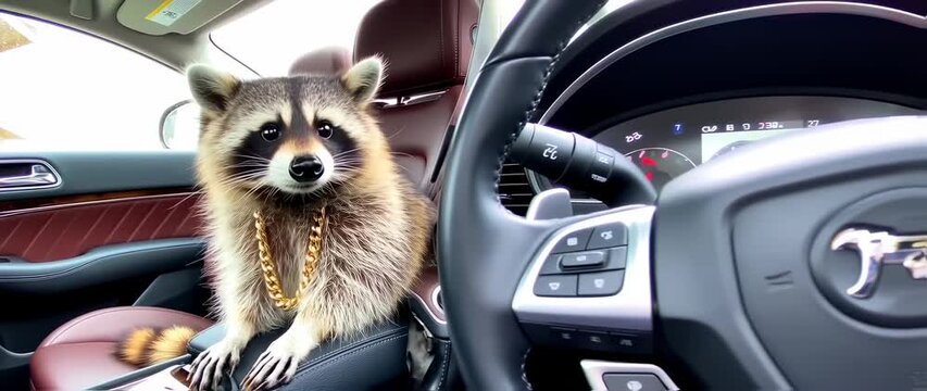 Raccoon driver inside a luxury car, wearing a gold chain showing wealth and affluence of animals