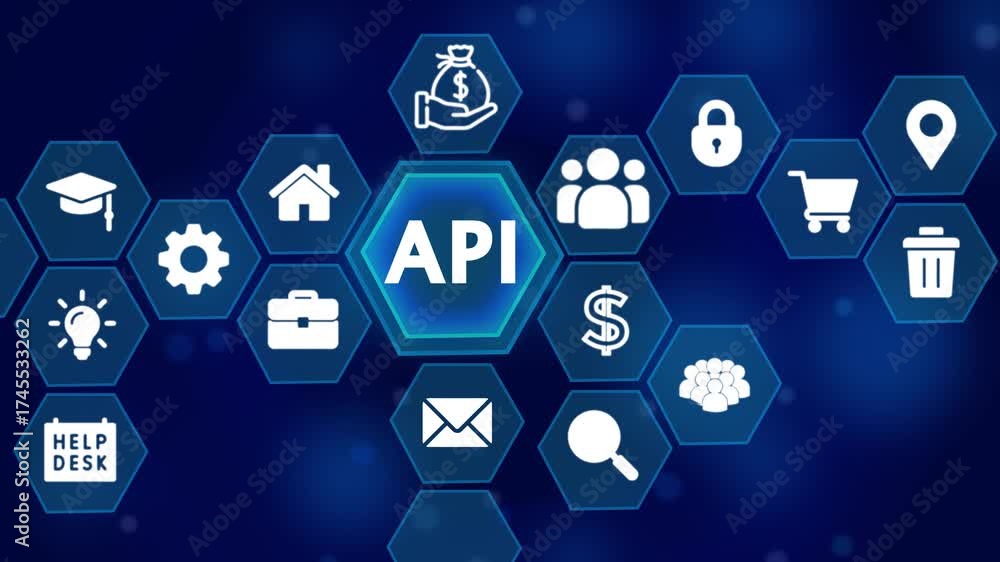 Wall mural api concept with connected icons representing business processes and technology on a dark red backgr
