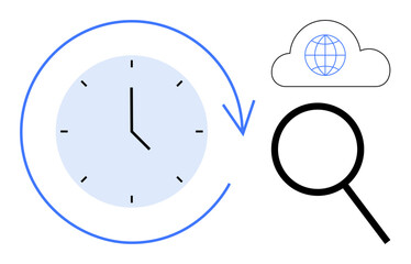 Clock with circular arrow, magnifying glass below cloud displaying a globe. Ideal for time tracking, efficiency, research, global search, organization, digital tools, simple flat metaphor