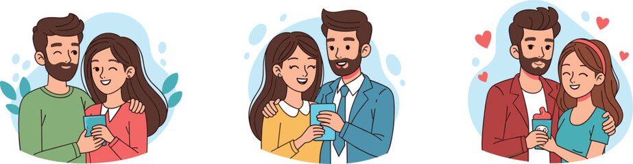Happy couple drinking coffee together, romantic relationship moments, smiling man and woman enjoying beverages, love and lifestyle concept, vector illustration