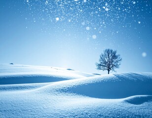 Minimal winter landscape with a single tree on snowy hills under a clear blue sky