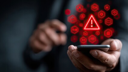 Blurred Man In Black Business Suit Holding Cellphone With Red Warning Icons And Data Security Concept