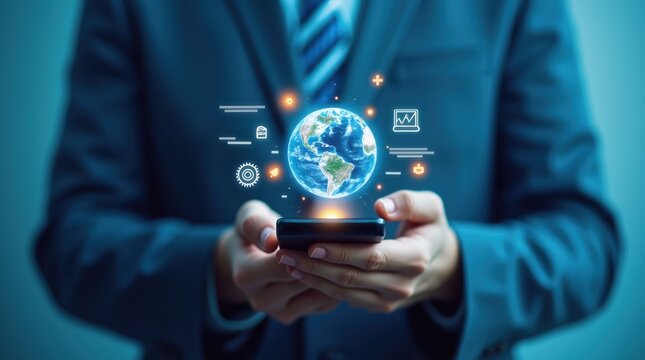 Businessman holding a smartphone with a futuristic digital globe and icons