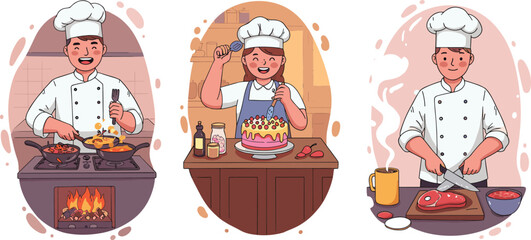 Professional chefs cooking and baking in kitchen, culinary experts preparing gourmet dishes and desserts, restaurant and food concept, flat cartoon vector illustration