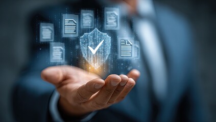 Obraz premium Businessman Hand Showing Verified Documents with Holographic Checkmark in Blue Suit
