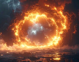 Fiery ringed storm over a desolate landscape
