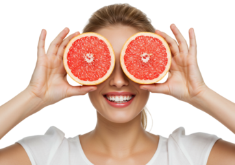Woman holding grapefruit slices near eyes smiling