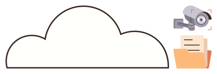 Cloud outline linked with a CCTV camera and file folder represents secure data storage. Ideal for cybersecurity, tech, cloud computing, privacy, file sharing, monitoring, secure access. A simple flat