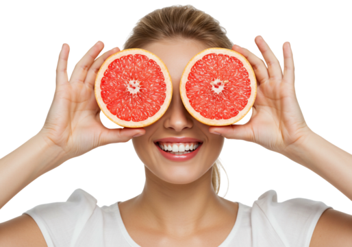 Woman holding grapefruit slices near eyes smiling