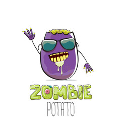 vector funny cartoon spooky violet zombie potato character isolated on white background. Zombie potato vector concept halloween background and label. Dead monster vegetable funky character