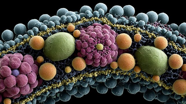 3d rendered image of a cellular component with intricate surface details and varied color coding