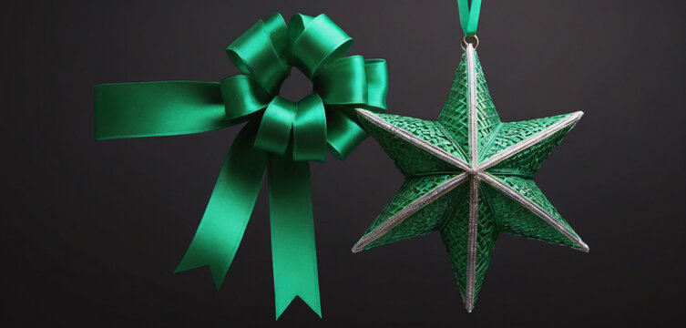 There are two green christmas decorations hanging from a ribbon colorful design layers creative expression composition backgrounds depth emotion scene gesture movement cartoonish figure