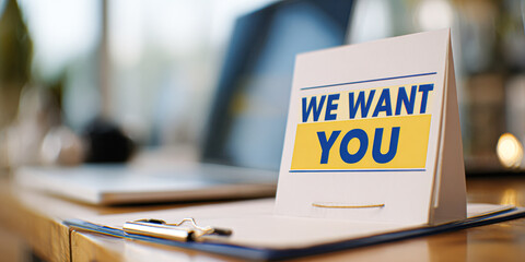 A motivational recruitment sign reading "WE WANT YOU!" is displayed on a desk, highlighting an inviting work opportunity.