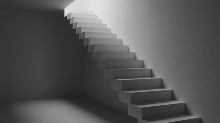 Minimalist 3D rendering of a modern interior staircase illuminated by natural light through a high window,