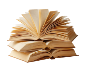 Open books stacked high, pages fanned