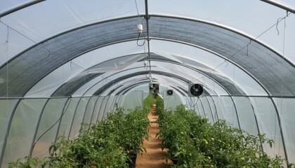 Medium shot showing the detailed layering process of plastic and mesh combined demonstrating advanced polyhouse techniques for optimizing microclimate conditions.