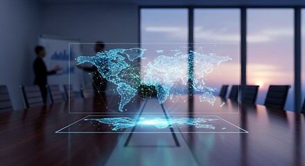 Holographic world map in a modern conference room futuristic technology for global business internat