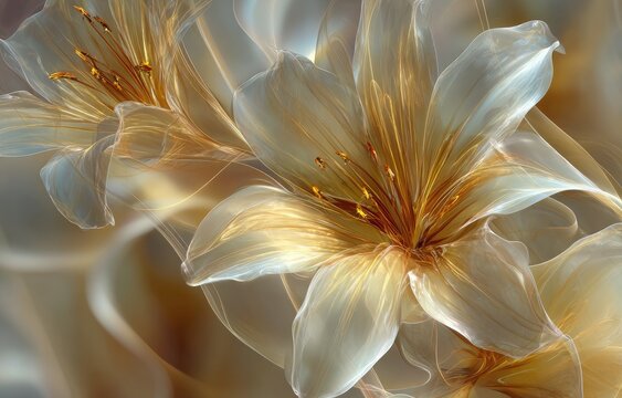 Two translucent, creamy-white lilies with golden stamens, enveloped in flowing, ethereal, amber-hued veils, creating a dreamy, surreal effect against a muted background