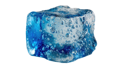 Close-up of a vibrant blue ice cube with bubbles