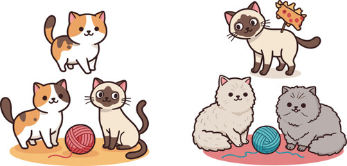 Cute cartoon cats playing with yarn and cheese, featuring calico, Siamese, and fluffy breeds, perfect for pet-themed kids illustrations.