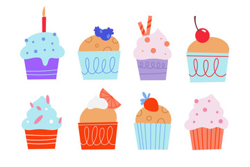 Vector set of cartoon flat vector cupcakes. Isolated on white background. Dessert illustration design